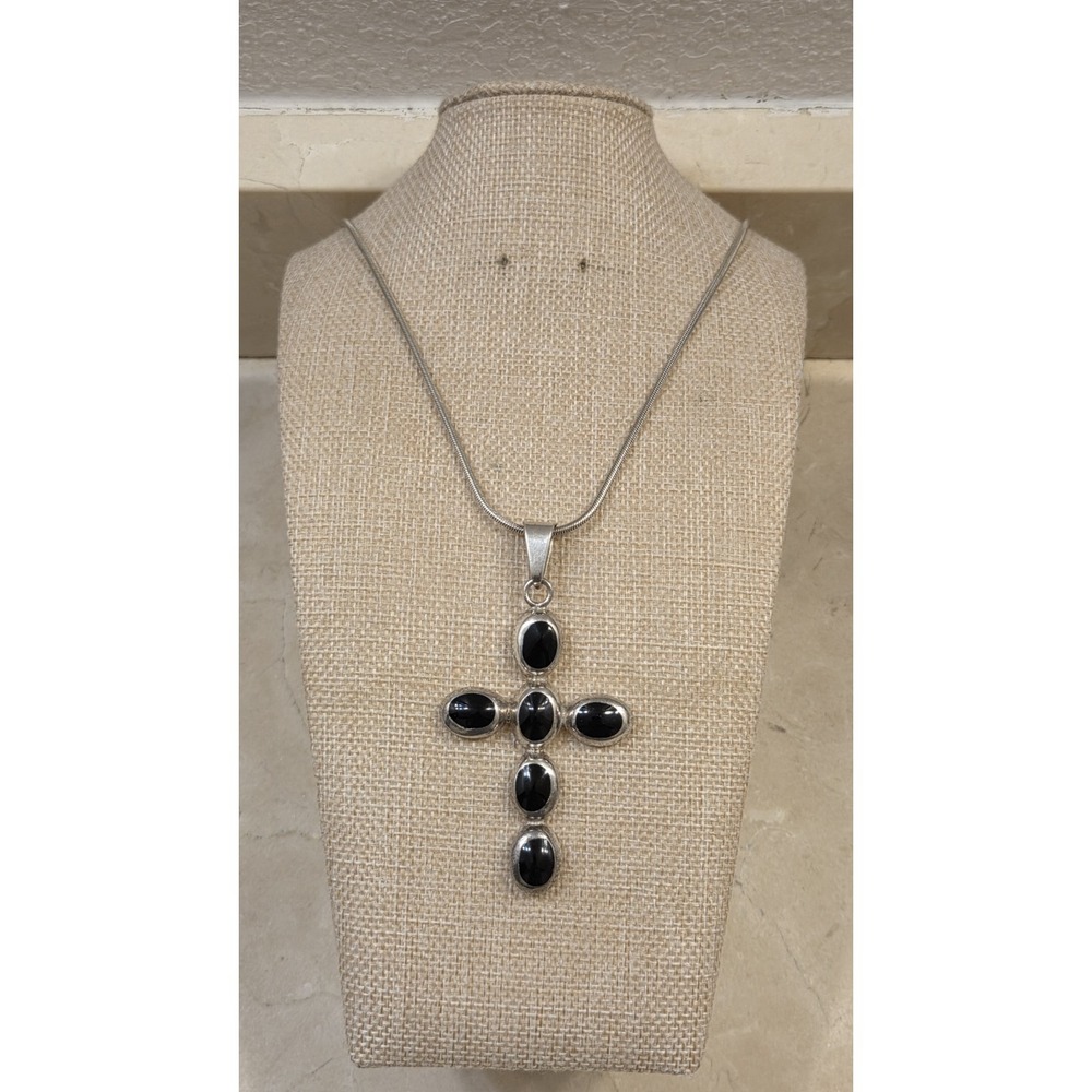 Large Vintage Taxco Sterling Silver Black Onyx‎ Cross 24" Sterling Italian Chain